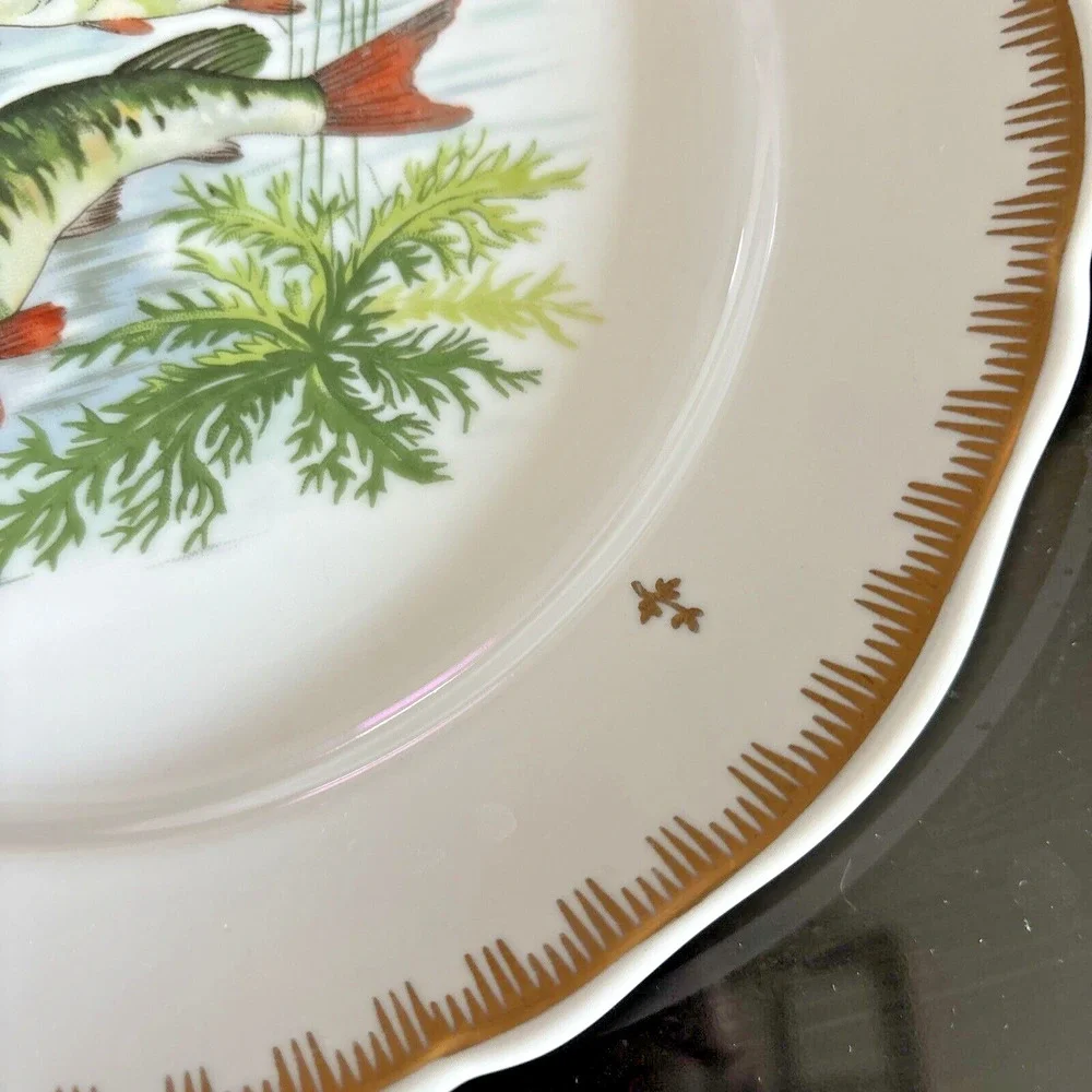 Hand Painted Fish Pattern Porcelain Dinner Plate Made In France Gold Gilt Rim